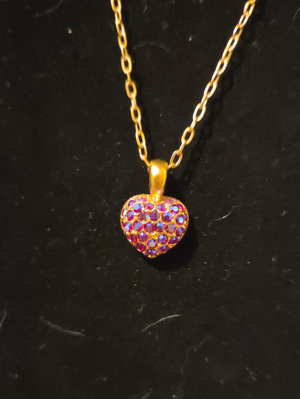 Monet Vintage Gold-Tone Puffed Pavé Rhinestone Heart Pendant Necklace - EUC